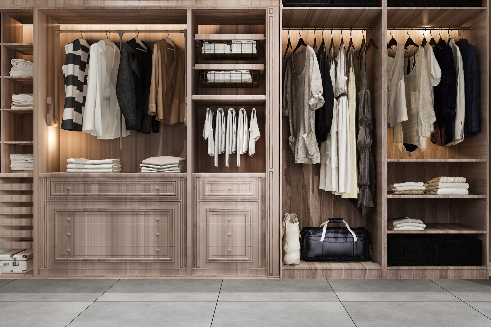 3d rendering minimal scandinavian wood walk in closet with wardrobe