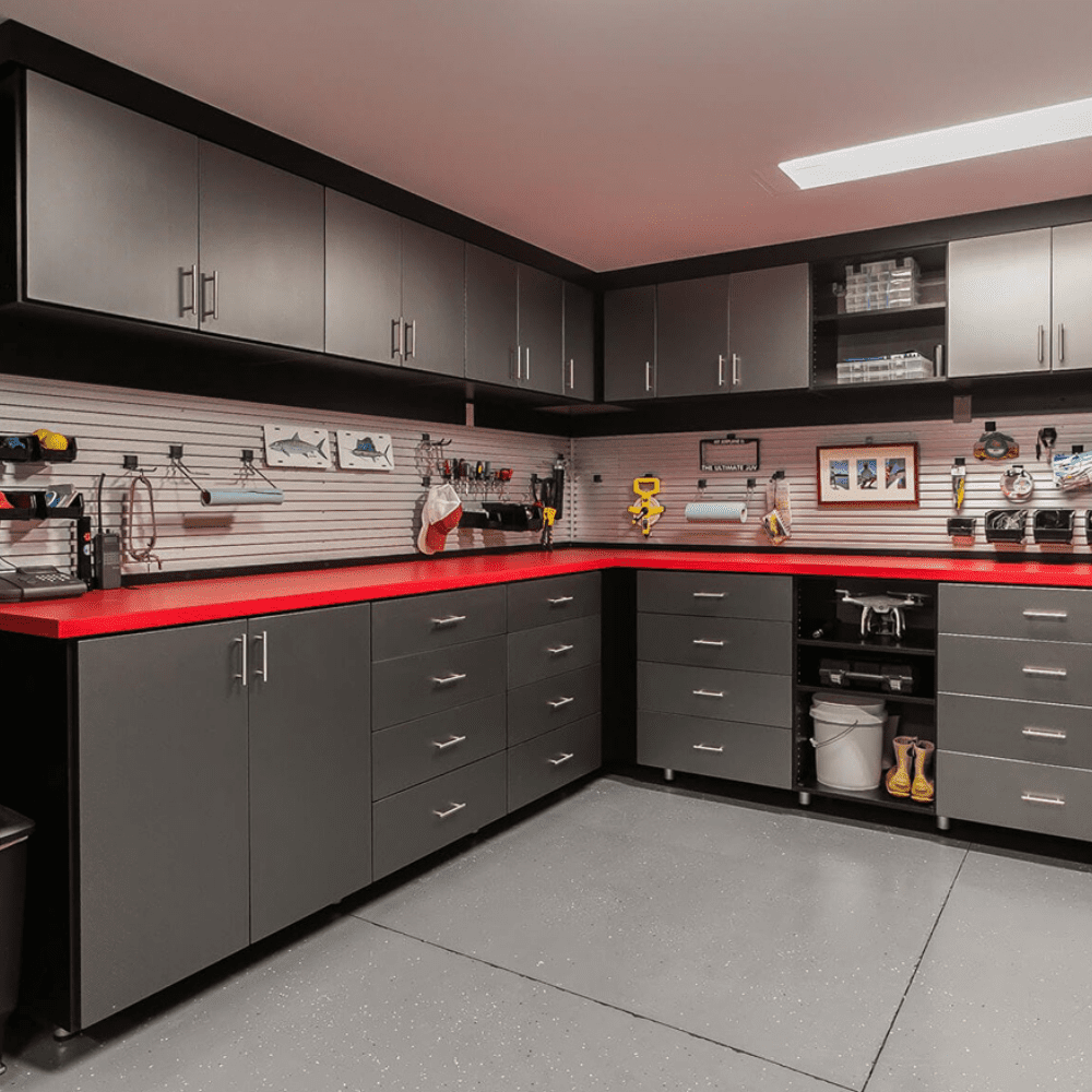 Modern kitchen with red countertop and grey cabinets