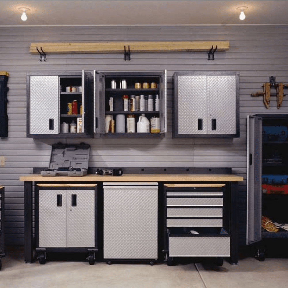Industrial kitchen with diamond plate cabinets and organized tools