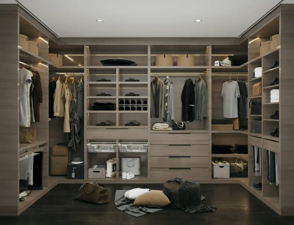 Modern custom closet with shelves, hanging spaces, and storage boxes.