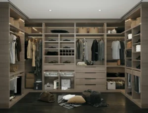 Modern custom closet with shelves, hanging spaces, and storage boxes.