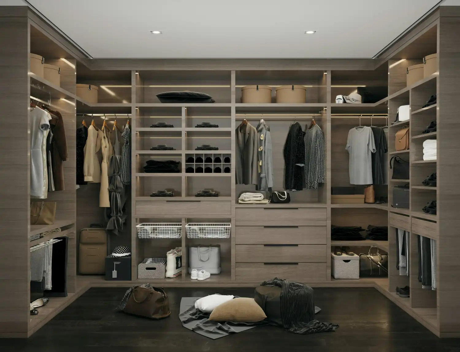 Modern custom closet with shelves, hanging spaces, and storage boxes.