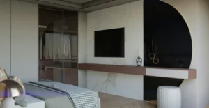 modern bedroom featuring a sleek built-in wall unit design.