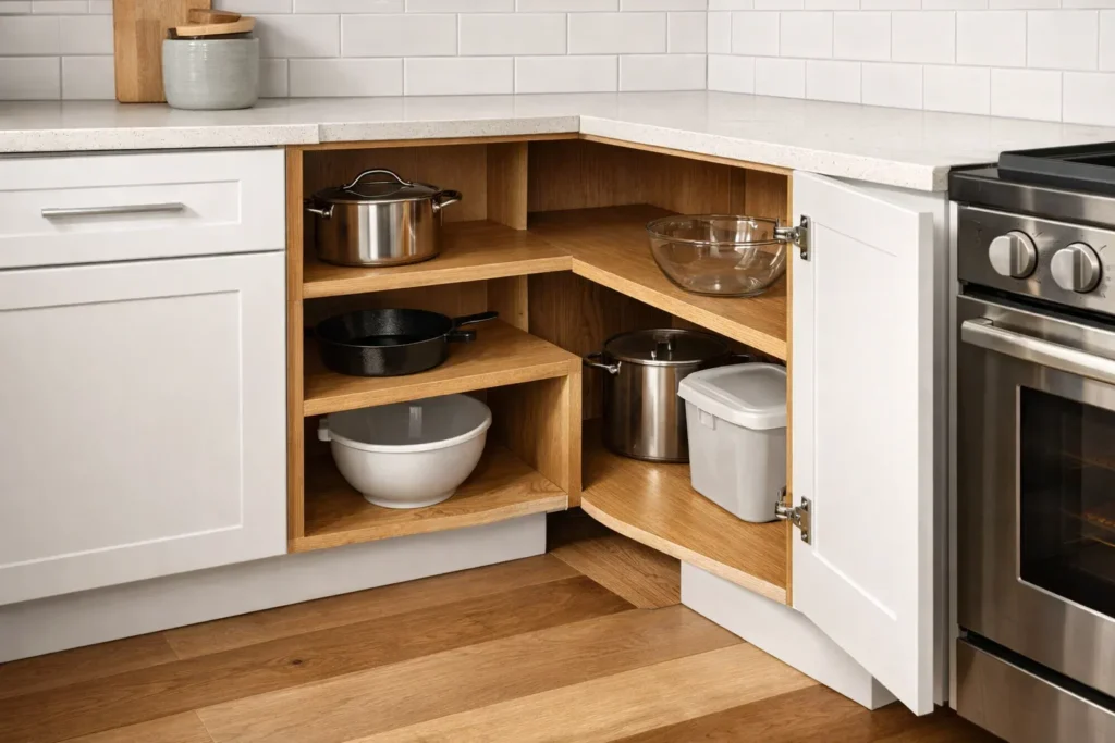 Cutaway view of a blind corner base cabinet inside a modern kitchen.