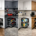 Ultra photorealistic composite interior scene showing blind corner base cabinets