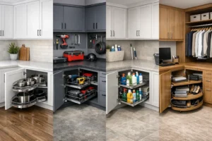 Ultra photorealistic composite interior scene showing blind corner base cabinets