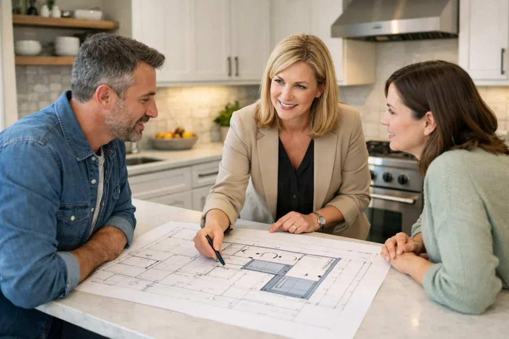 Professional kitchen designer discussing blind corner cabinet layout with homeowners