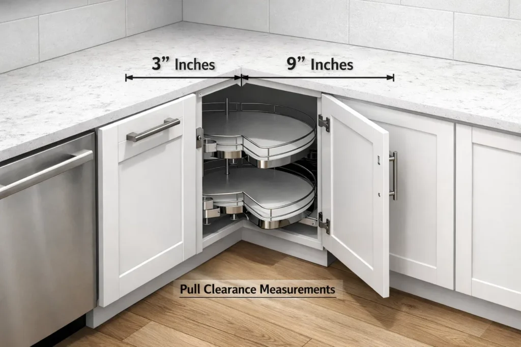 Technical visualization of a blind corner cabinet showing pull spacing measurement