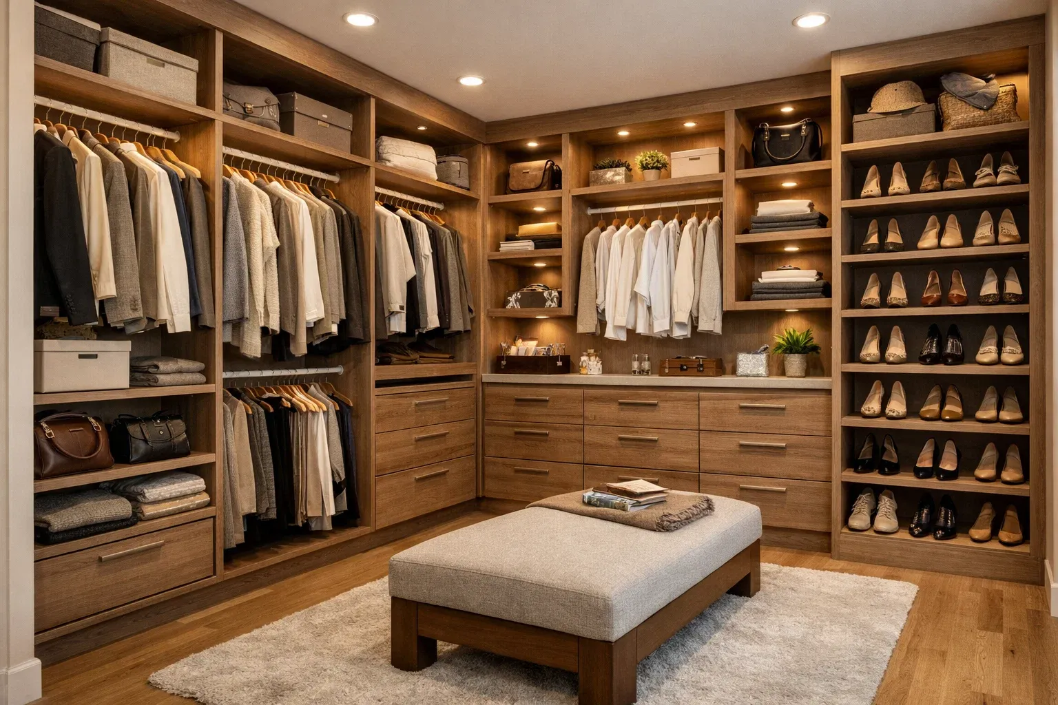 modern walk-in closet with organized shelves, drawers, and hanging space