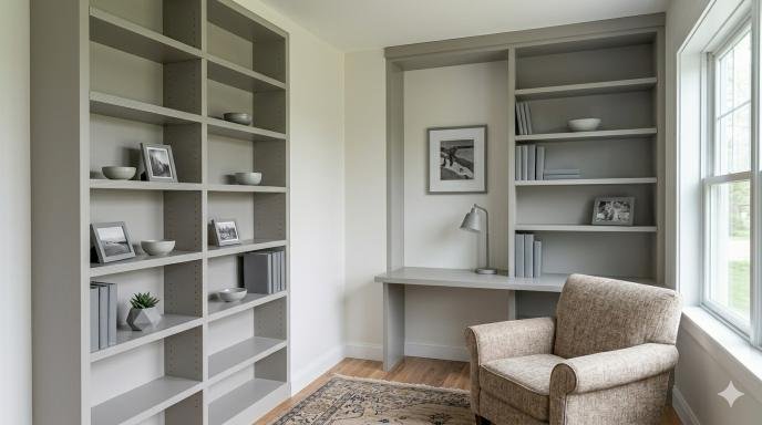 A modern, built-in corner bookshelf and desk unit in a minimalist room.