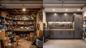 Before and after garage workshop makeover