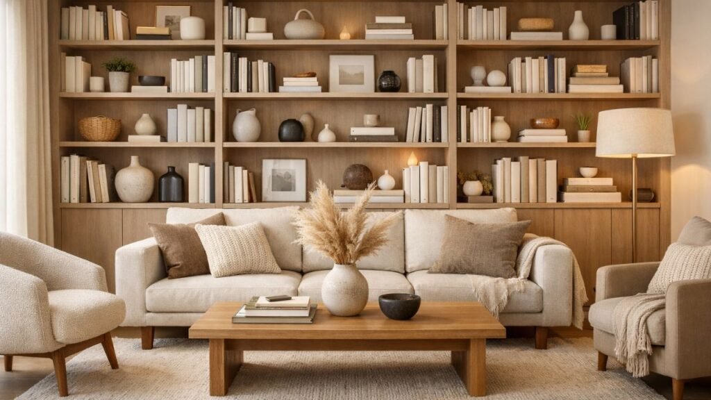 built-in bookshelves with modern styling and decor.