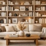 built-in bookshelves with modern styling and decor.