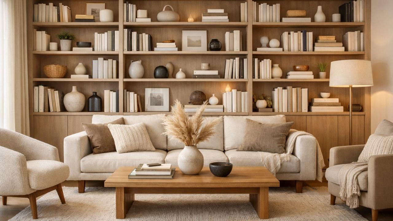 built-in bookshelves with modern styling and decor.