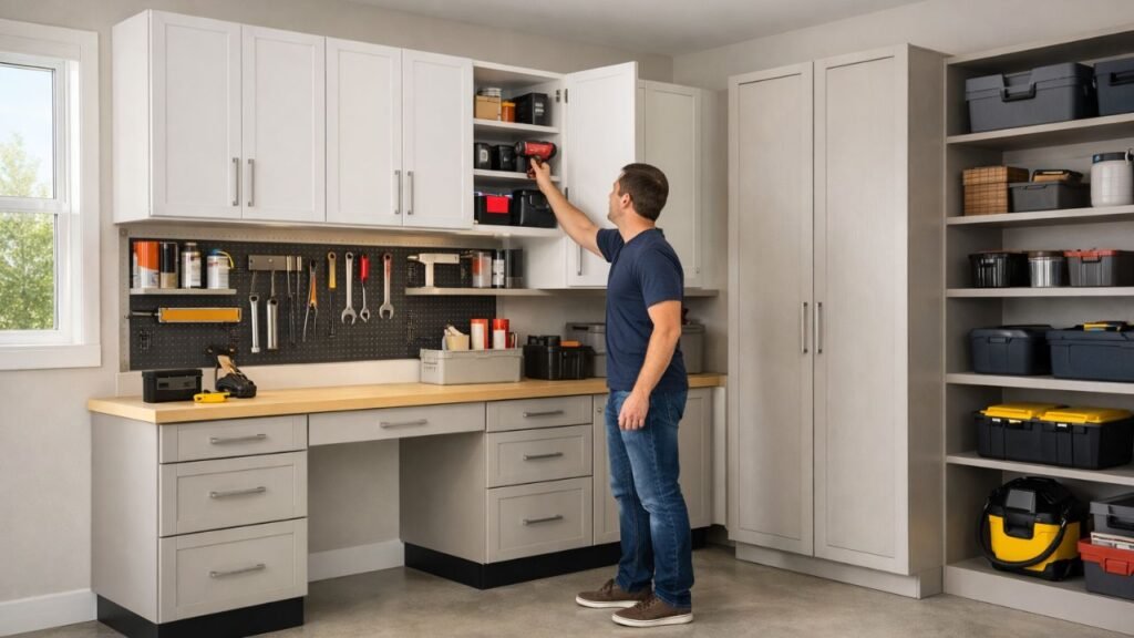 Organized Idaho garage with custom cabinets and a homeowner using tools.