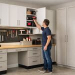 Organized Idaho garage with custom cabinets and a homeowner using tools.