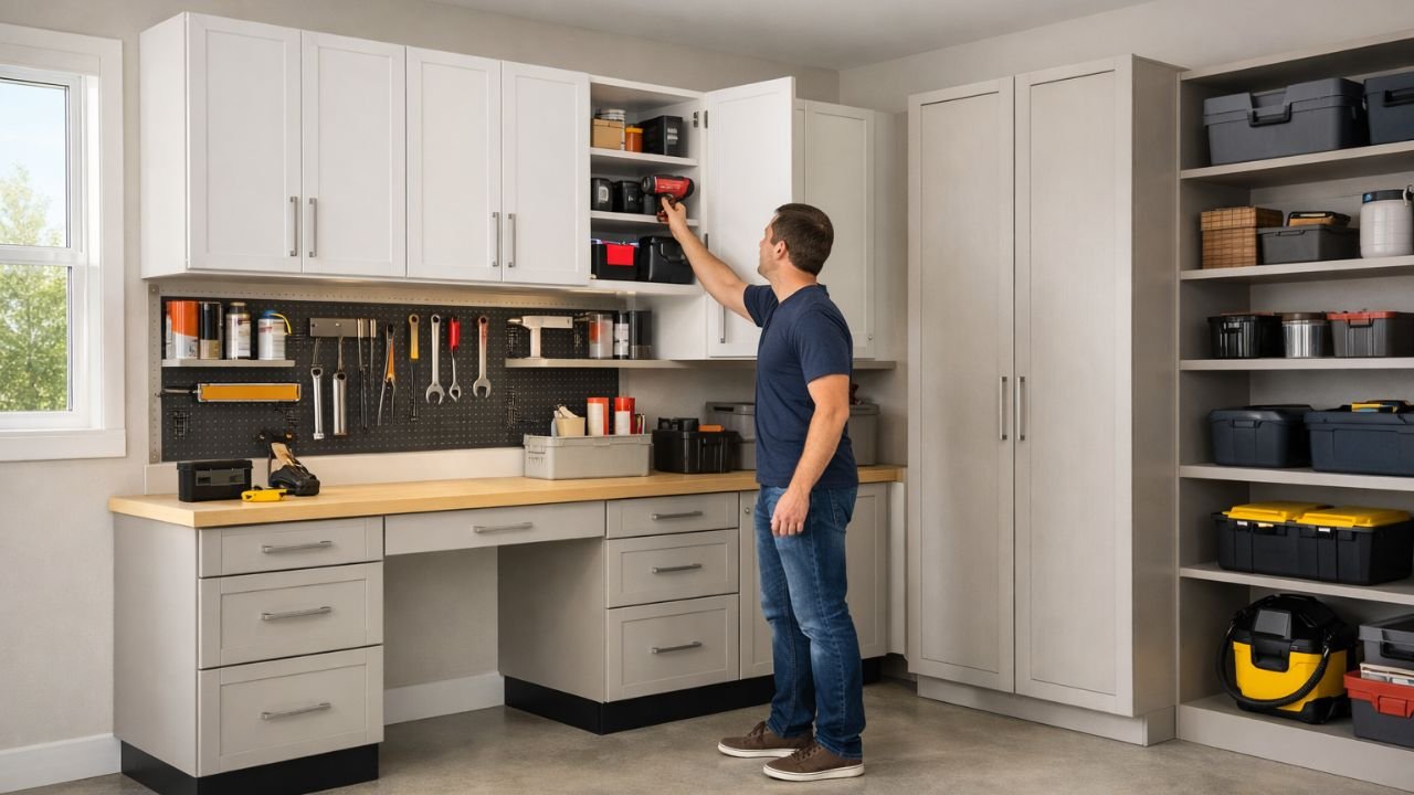 Organized Idaho garage with custom cabinets and a homeowner using tools.