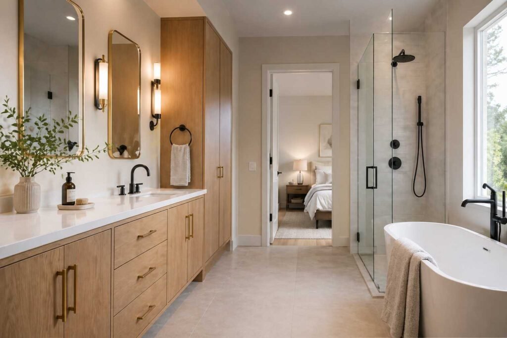 Warm Wood Vanity Cabinets