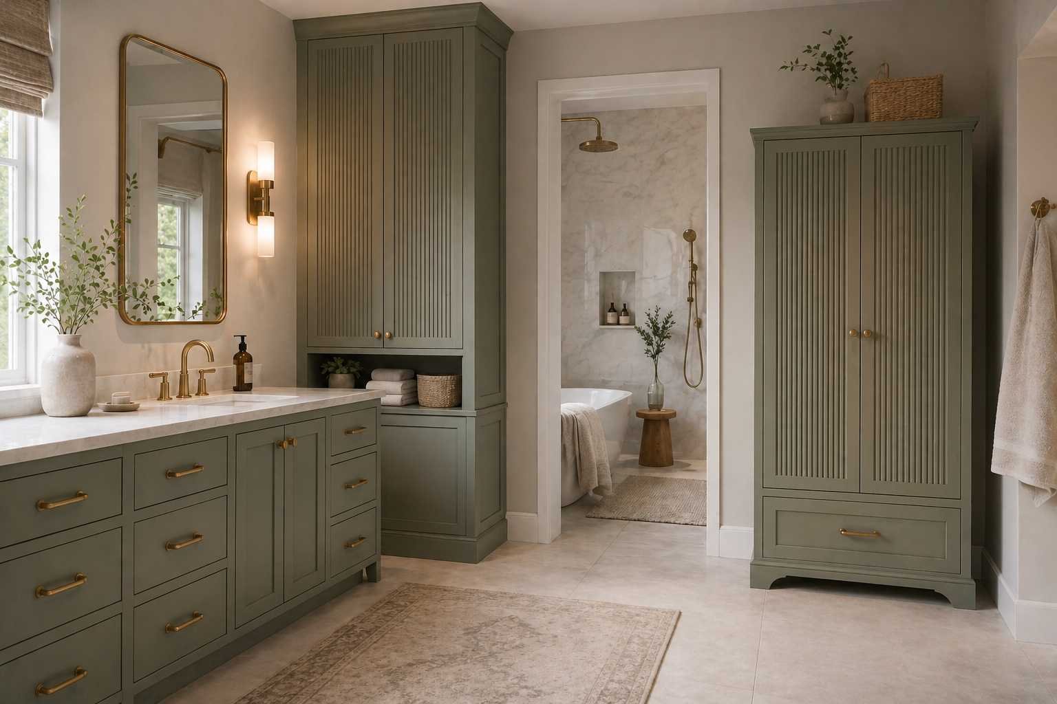 modern bathroom interior featuring sage green bathroom cabinets