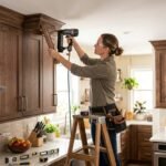 Woman using nail gun to install cabinet crown molding.