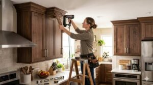 Woman using nail gun to install cabinet crown molding.