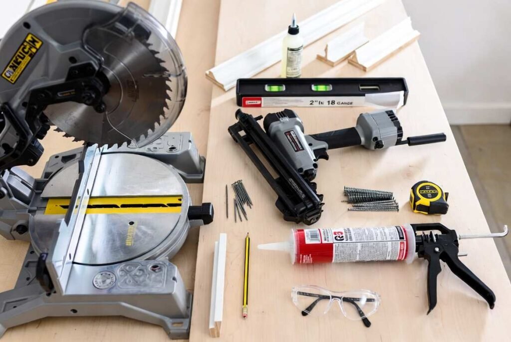 Tools and materials for crown molding installation on cabinets.