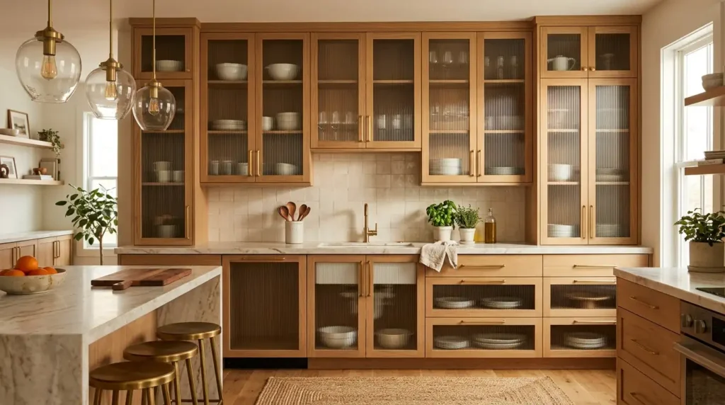 Ribbed reeded glass panel cabinet doors with vertical glass texture lines