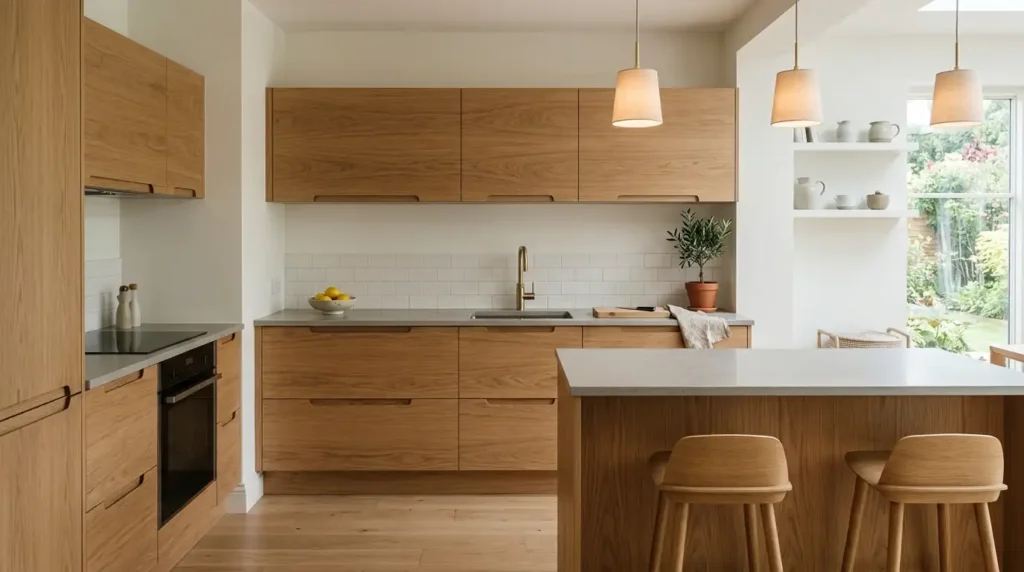 White oak wood veneer cabinet doors with natural grain visible