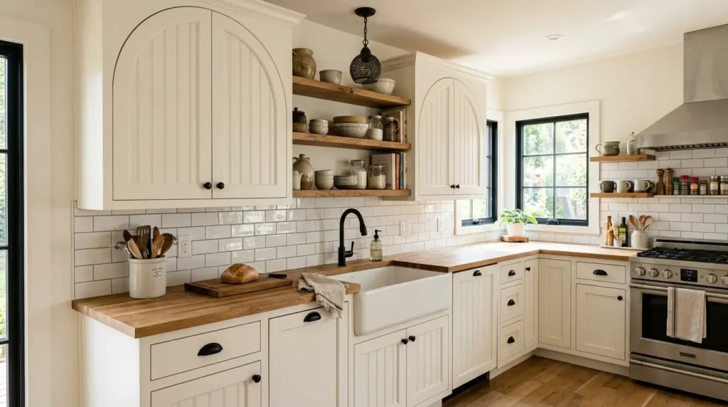 Arched top cabinet doors with curved top rail, painted warm white