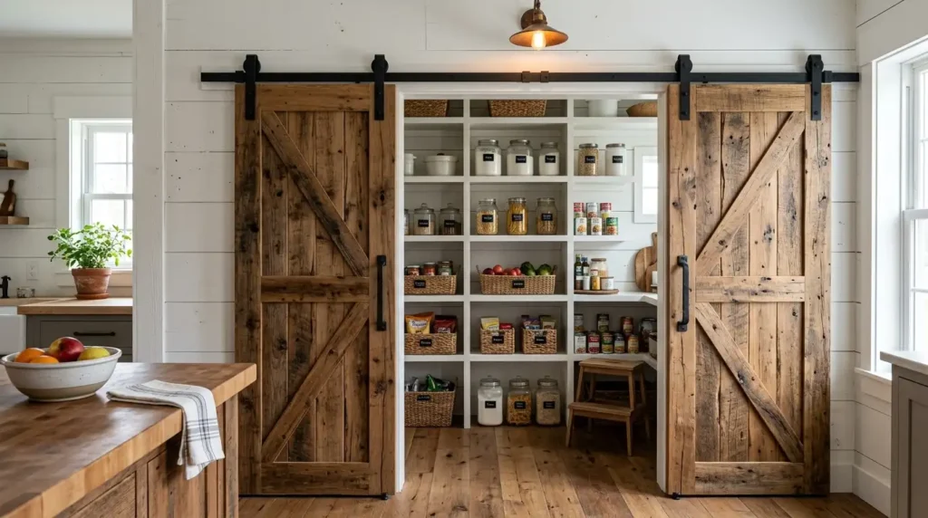 Barn style sliding cabinet doors on a kitchen pantry