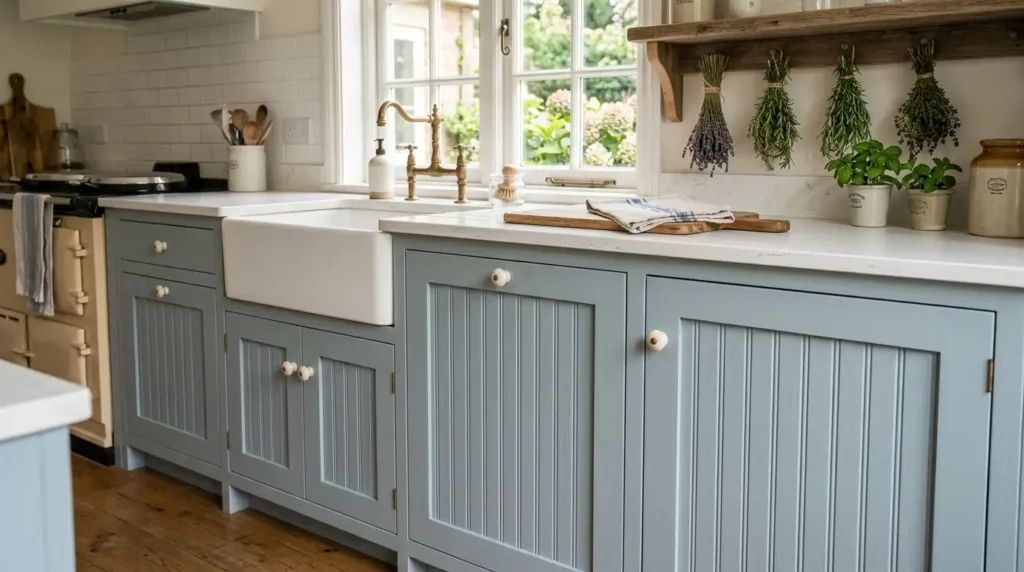 Beadboard cabinet doors with narrow vertical planks pattern