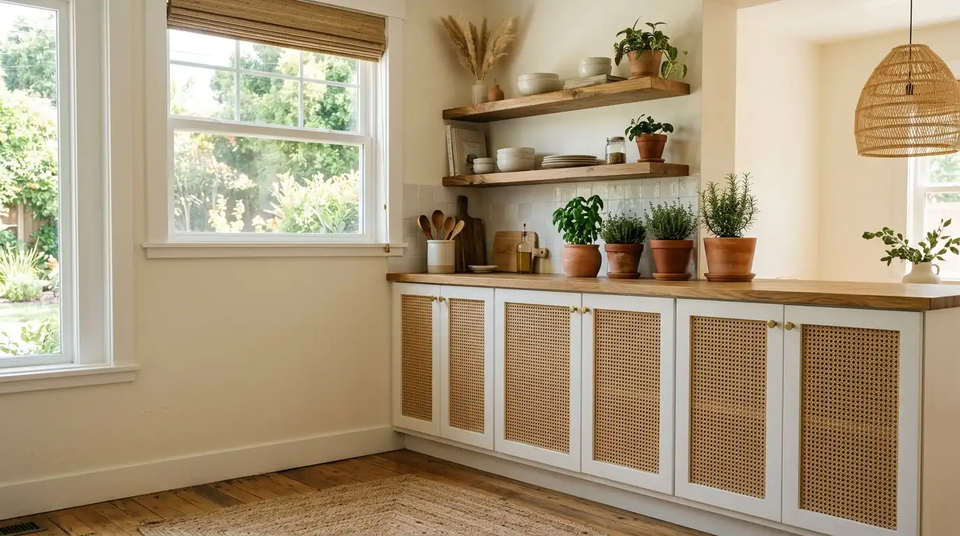 Cane insert cabinet doors with woven natural cane panel