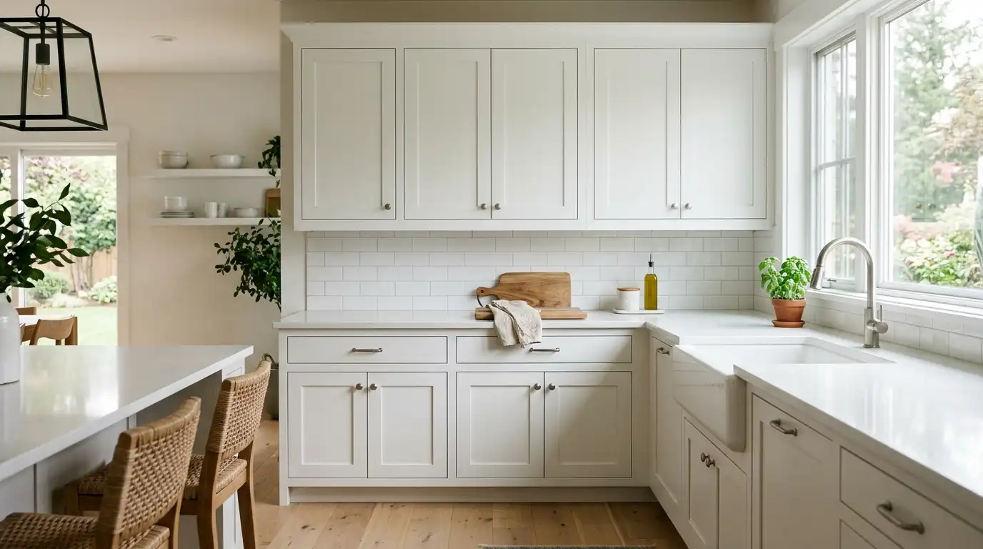 Classic shaker cabinet doors in a bright white kitchen, five-piece frame