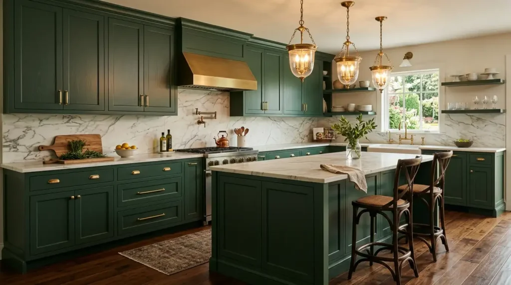 deep forest green painted kitchen cabinet doors in shaker style, brass gold hardware pulls