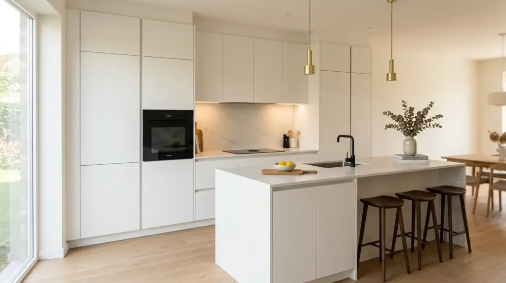 Flat slab cabinet doors in matte warm white, no handles, push-to-open mechanism