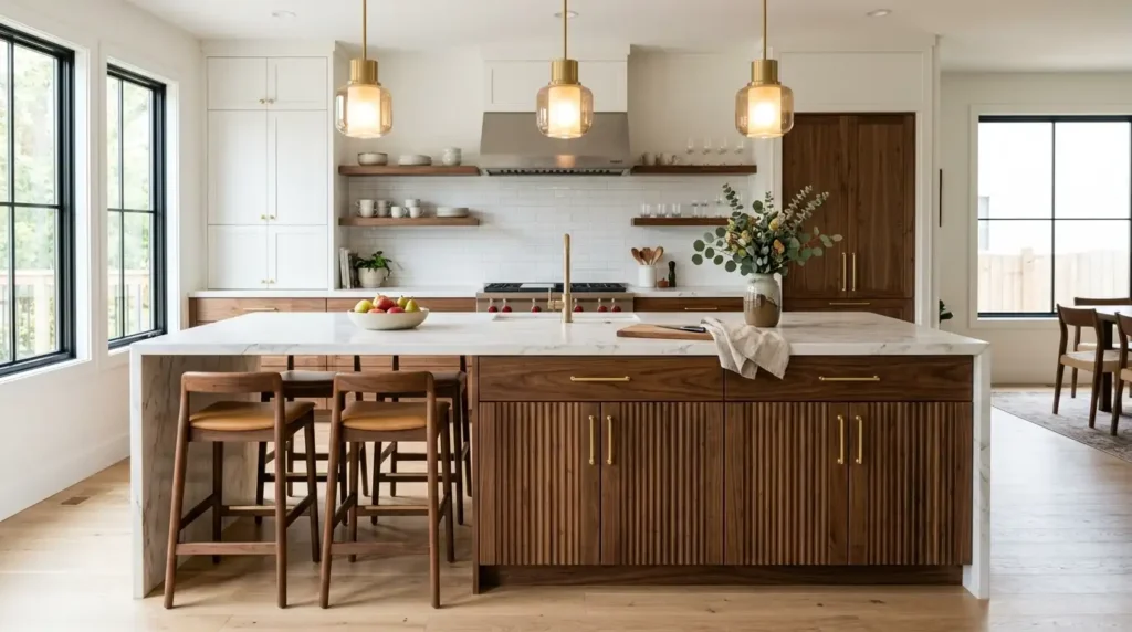 Fluted cabinet doors with vertical grooves on kitchen island