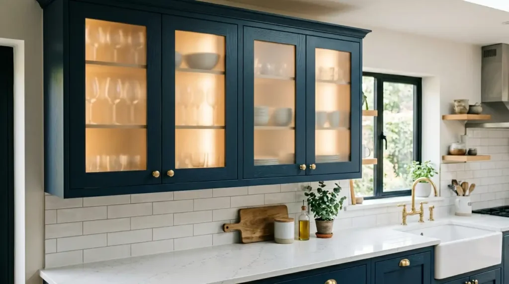 Frosted glass panel cabinet doors on upper kitchen cabinets