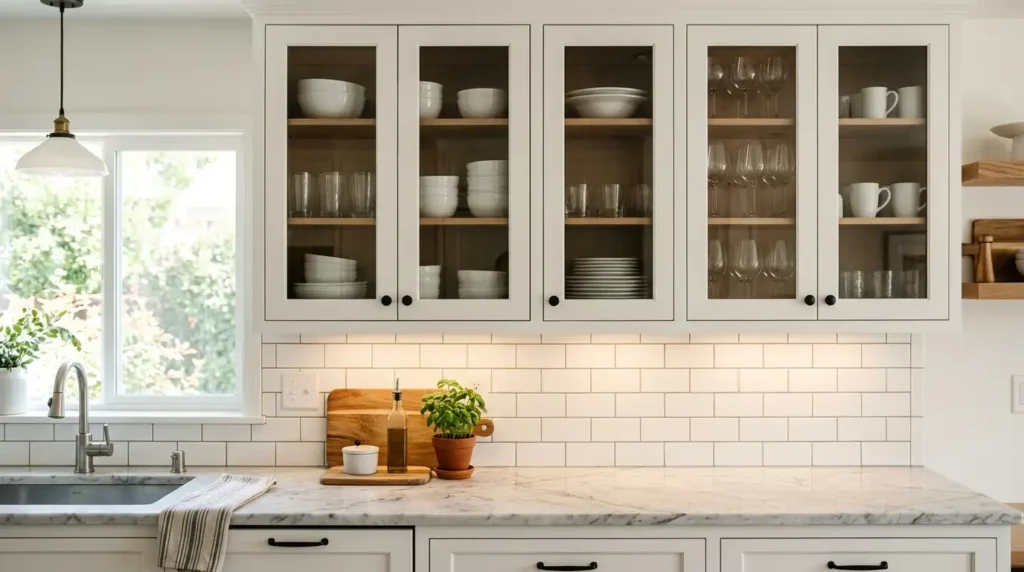 Clear glass panel cabinet doors on upper kitchen cabinets