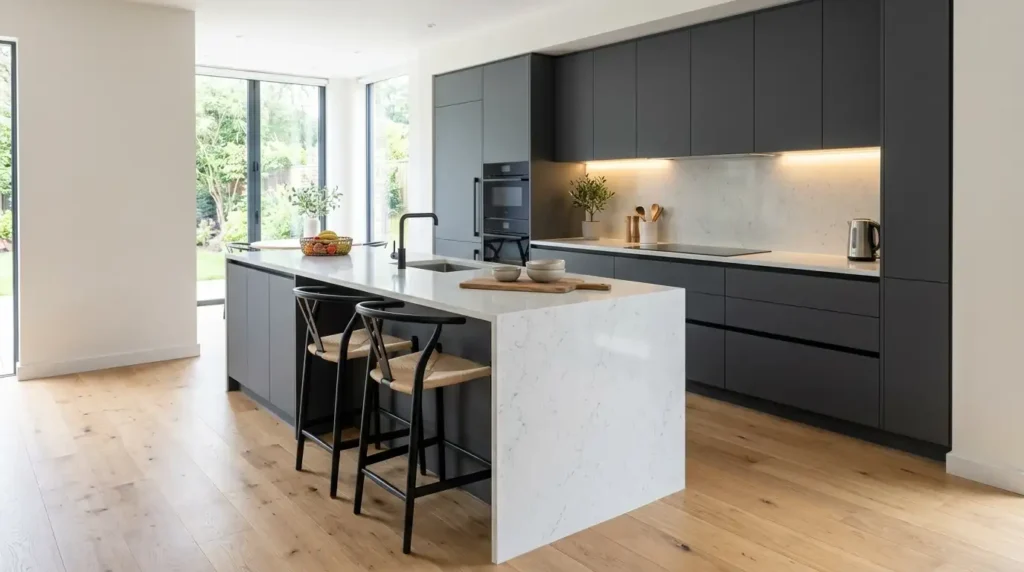 Handleless push-to-open kitchen cabinet doors in flat matte charcoal gray