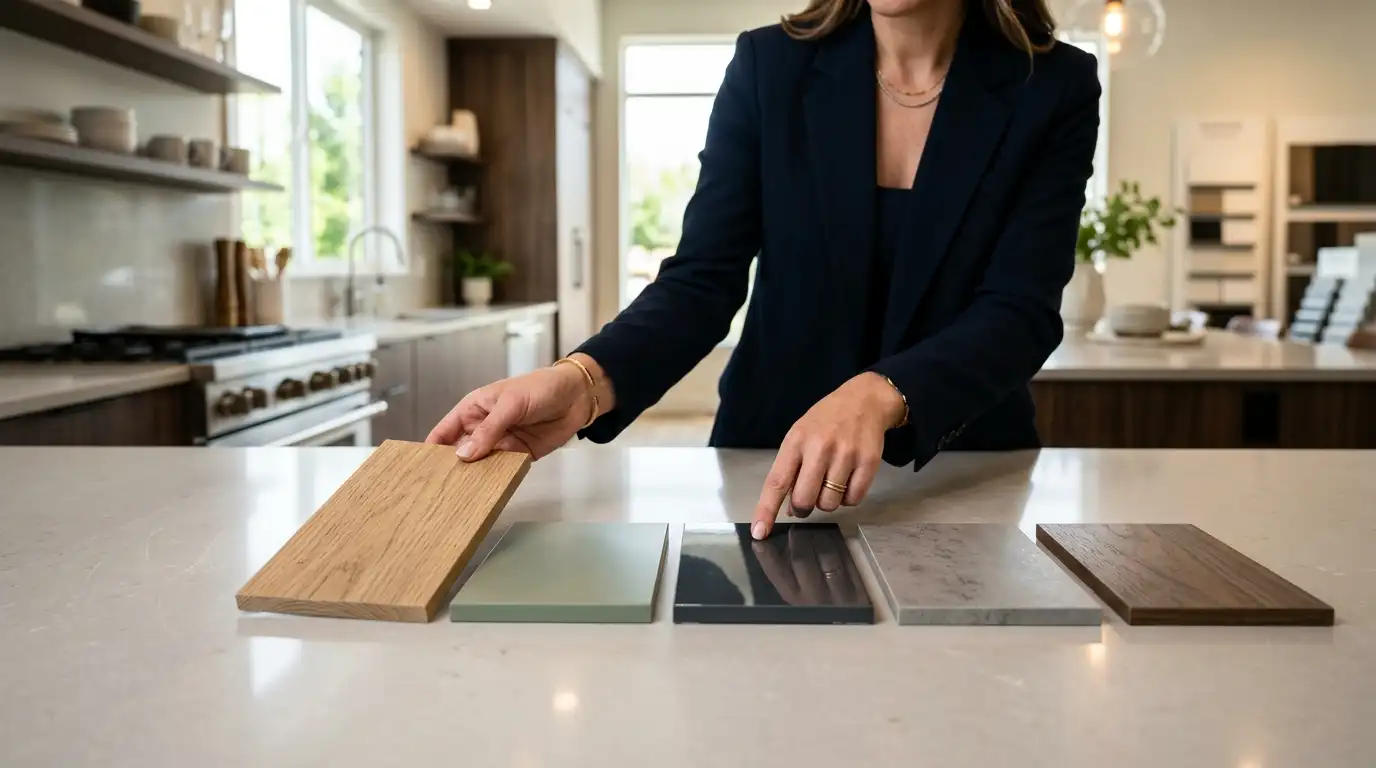 home owner comparing cabinet materials