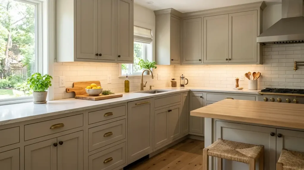 kitchen cabinet doors painted in warm greige color, transitional shaker style