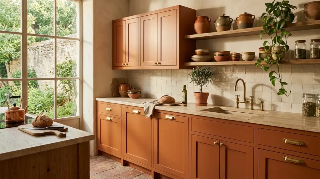 Kitchen cabinet doors painted in warm terracotta orange-brown earthy color