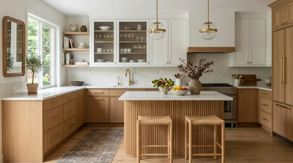 Mixed material kitchen cabinets with natural oak wood veneer lower cabinets