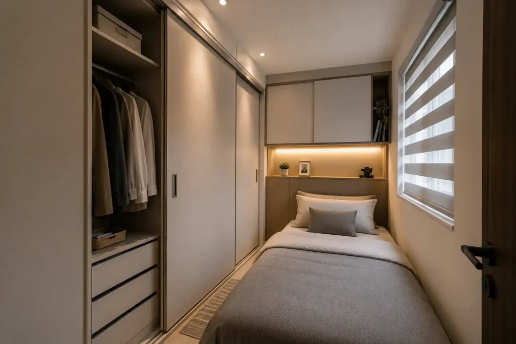 A small bedroom featuring a bed and a compact closet