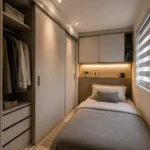 A small bedroom featuring a bed and a compact closet