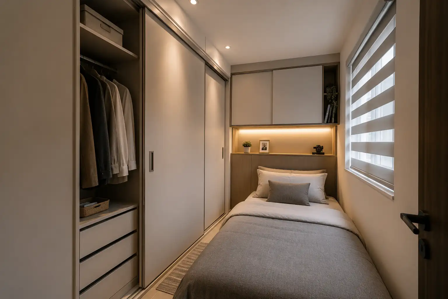 A small bedroom featuring a bed and a compact closet