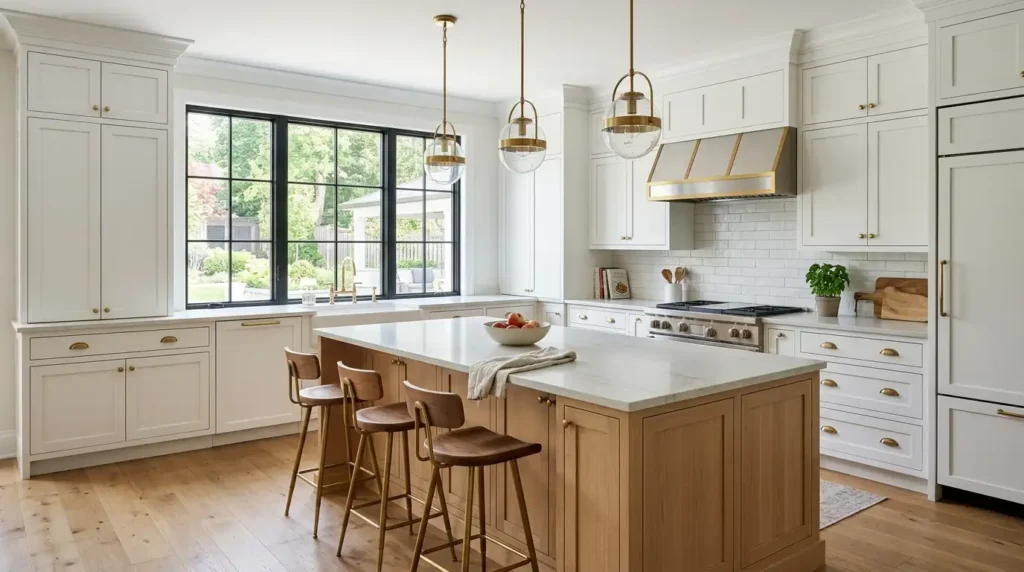 A kitchen featuring white shaker cabinets and warm wooden flooring