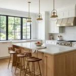 A kitchen featuring white shaker cabinets and warm wooden flooring