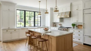 A kitchen featuring white shaker cabinets and warm wooden flooring