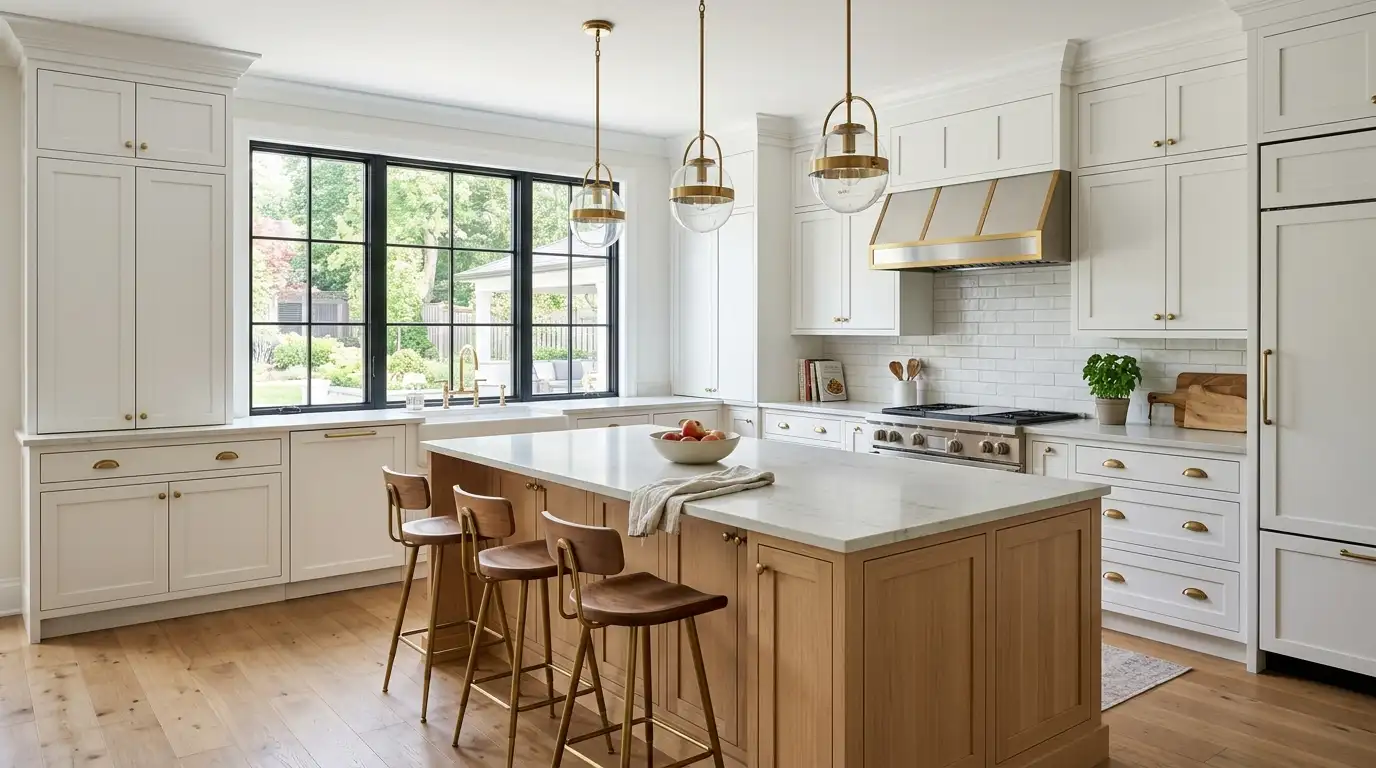 A kitchen featuring white shaker cabinets and warm wooden flooring